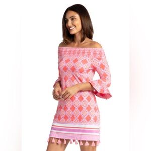 NWT CABANA LIFE Coral Geo Coverluxe Smocked Off Shoulder Mini Dress Tassel LARGE